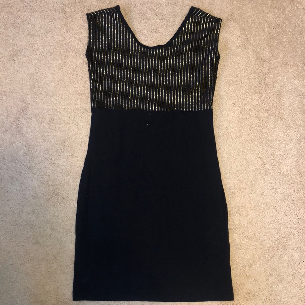 American Apparel Black Midi Dress with Gold-Striped Bodice